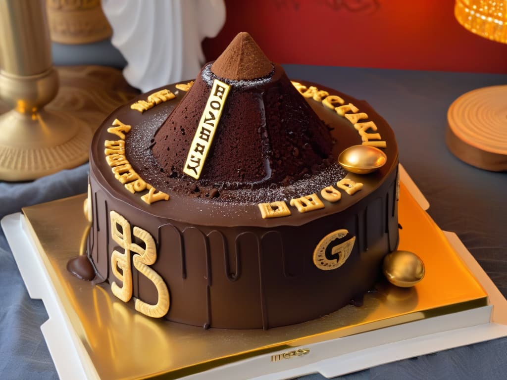  An ultradetailed, photorealistic image of a decadent chocolate cake decorated with intricate hieroglyphic patterns inspired by ancient Egyptian art. The cake is elegantly displayed on a gold platter, adorned with edible gold leaf details, and surrounded by Egyptianthemed dessert elements like sculpted sugar pyramids and edible sand made of crushed graham crackers. The lighting is soft and warm, highlighting the richness of the chocolate and the intricate details of the hieroglyphics. hyperrealistic, full body, detailed clothing, highly detailed, cinematic lighting, stunningly beautiful, intricate, sharp focus, f/1. 8, 85mm, (centered image composition), (professionally color graded), ((bright soft diffused light)), volumetric fog, trending on instagram, trending on tumblr, HDR 4K, 8K