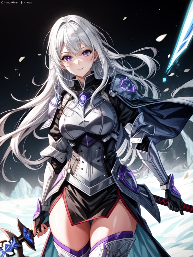  1 girl, armor, white hair, purple eyes, sword, wielding sword, blue flame, glowing weapon, light particles, wallpaper, color difference hyperrealistic, full body, detailed clothing, highly detailed, cinematic lighting, stunningly beautiful, intricate, sharp focus, f/1. 8, 85mm, (centered image composition), (professionally color graded), ((bright soft diffused light)), volumetric fog, trending on instagram, trending on tumblr, HDR 4K, 8K