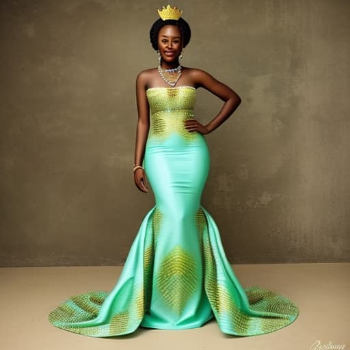  A Ghanaian modern bride in a stylish mint green Ghanaian KENTE gown with chains and petals . Should be a mermaid dress that looks regal. Must look like a beauty queen with a golden crown. Bottom of the gown should have feathers