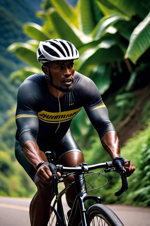  A man with dark skin, riding a bicycle, big muscles, a bicycle loaded with bananas, downhill from the mountain path hyperrealistic, full body, detailed clothing, highly detailed, cinematic lighting, stunningly beautiful, intricate, sharp focus, f/1. 8, 85mm, (centered image composition), (professionally color graded), ((bright soft diffused light)), volumetric fog, trending on instagram, trending on tumblr, HDR 4K, 8K