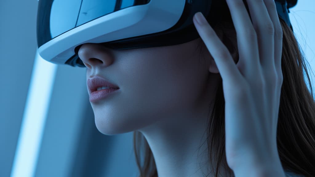  detail, photo, cinscene, dreamwalking young woman wearing virtual reality goggles. future technology and entertainment concept