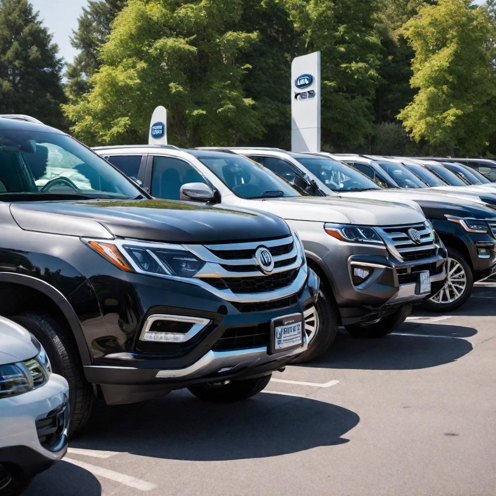  A modern and clean car rental parking lot filled with a selection of new vehicles including SUVs, trucks, and vans, showcasing an array of rental options. A prominent sign on the store reads 'KBS Rentals'. Nearby, travel bags and rental accessories are displayed. A well-dressed family of five is engaged in paperwork, giving the appearance of renting an SUV. Customers and staff are interacting around the cars, creating a lively scene of business and preparation for travel. hyperrealistic, full body, detailed clothing, highly detailed, cinematic lighting, stunningly beautiful, intricate, sharp focus, f/1. 8, 85mm, (centered image composition), (professionally color graded), ((bright soft diffused light)), volumetric fog, trending on instagram, trending on tumblr, HDR 4K, 8K