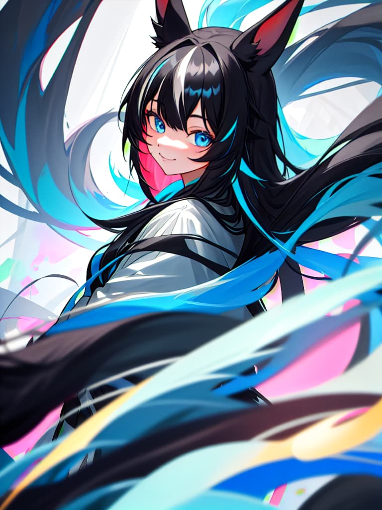  a young with long hair and a big black tail in front of her,1,animal ears,horse ears,blue eyes,solo,multicolored hair,streaked hair,smile,looking at viewer,upper body,black hair, masterpiece, best quality,8k,ultra detailed,high resolution,an extremely delicate and beautiful,hyper detail