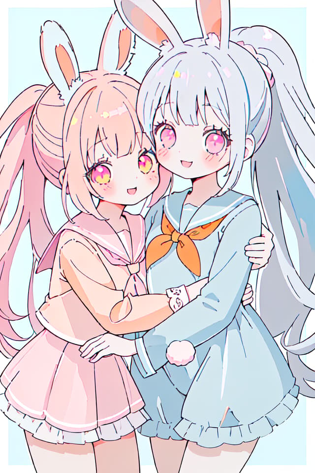  Rabbit ears,friends,smiles,beautiful girls,2 people,(orange eyes,light blue hair,perm,ponytail,),(pink eyes,gray hair,long hair,),cute,good friends,hugging each other,sailor suit,cuteRabbit ears,friends,smiles,beautiful girls,2 people,(orange eyes,light blue hair,perm,ponytail,),(pink eyes,gray hair,long hair,),cute,good friends,hugging each other,sailor suit,cute(absurd detailed:1.4、best quality:1.4、masterpiece:1.4)、、