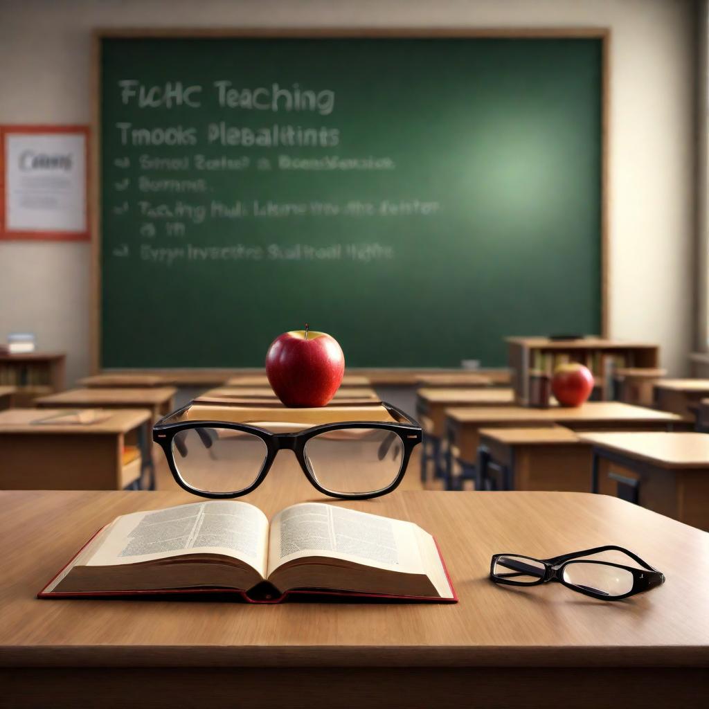  An image that encompasses the theme of teaching. It should include symbolic elements like books, a blackboard, an apple, and possibly eyeglasses, placed within a classroom setting. The image should emit a warm, inviting, and educational atmosphere with soft, balanced lighting. hyperrealistic, full body, detailed clothing, highly detailed, cinematic lighting, stunningly beautiful, intricate, sharp focus, f/1. 8, 85mm, (centered image composition), (professionally color graded), ((bright soft diffused light)), volumetric fog, trending on instagram, trending on tumblr, HDR 4K, 8K