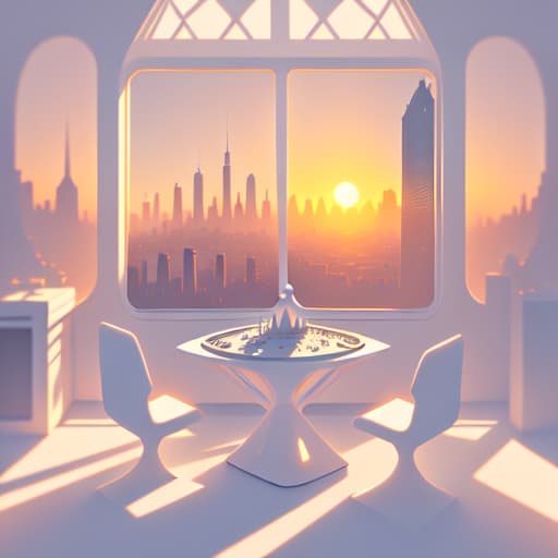 in OliDisco style Futuristic style. Deck of cards over white table. Sunset through a window with a city view. White and soft tones.