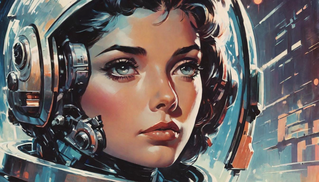  retro futuristic Close up of a thoughtful face, intense eyes, soft light, sense of duty, contemplative lvintage sci fi, 50s and 60s style, atomic age, vibrant, highly detailed