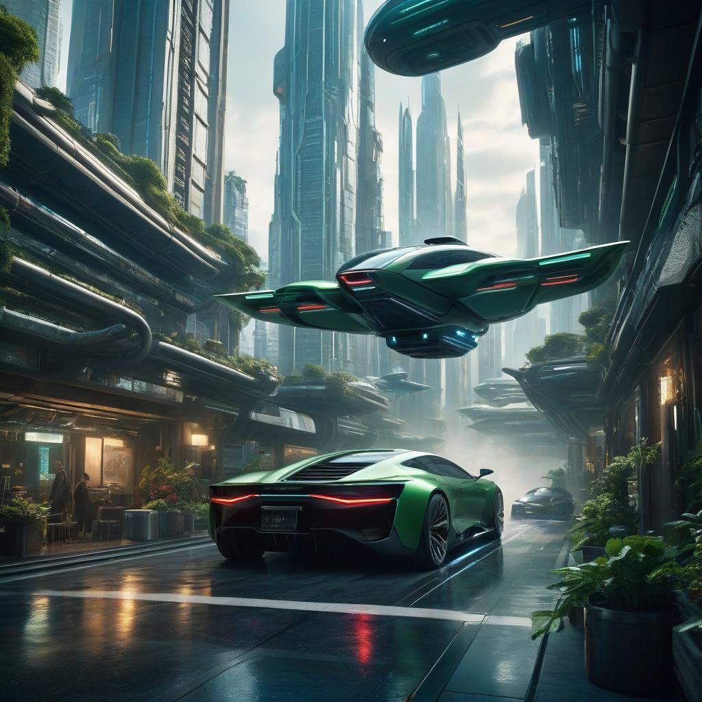  (masterpiece:1.2), image of cityscape of the future, tall skyscrapers, dark alleys, (flying cars:1.3), (futuristic:1.5), green city, ecofuturism, technological, Best quality, day, dramatic light, high resolution, 35mm photograph, film, bokeh, professional, 4k hyperrealistic, full body, detailed clothing, highly detailed, cinematic lighting, stunningly beautiful, intricate, sharp focus, f/1. 8, 85mm, (centered image composition), (professionally color graded), ((bright soft diffused light)), volumetric fog, trending on instagram, trending on tumblr, HDR 4K, 8K