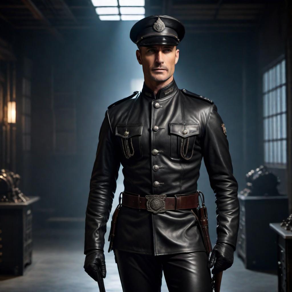  A high-ranking officer smirking while wearing a black leather uniform with breeches trousers, black leather gloves, a black Muir cap, and riding boots. The officer is standing in a dimly lit torture room and is pointing down towards the floor with their finger. The background includes dark, ominous elements such as chains, shackles, and an overall menacing atmosphere. hyperrealistic, full body, detailed clothing, highly detailed, cinematic lighting, stunningly beautiful, intricate, sharp focus, f/1. 8, 85mm, (centered image composition), (professionally color graded), ((bright soft diffused light)), volumetric fog, trending on instagram, trending on tumblr, HDR 4K, 8K