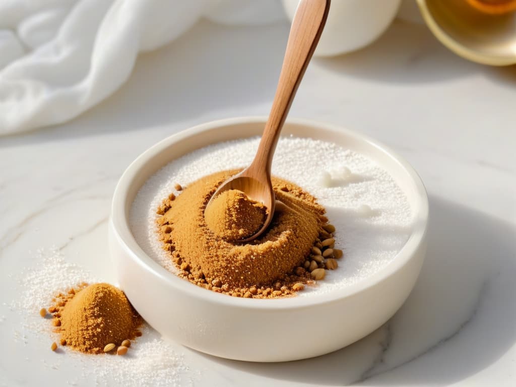  A closeup, ultradetailed image of a small wooden spoon filled with organic coconut sugar, with fine granules cascading gently onto a pristine white marble surface. The warm golden hues of the sugar contrast beautifully against the cool, smooth marble, creating a visually striking yet minimalist composition that exudes natural sweetness and culinary craftsmanship. hyperrealistic, full body, detailed clothing, highly detailed, cinematic lighting, stunningly beautiful, intricate, sharp focus, f/1. 8, 85mm, (centered image composition), (professionally color graded), ((bright soft diffused light)), volumetric fog, trending on instagram, trending on tumblr, HDR 4K, 8K