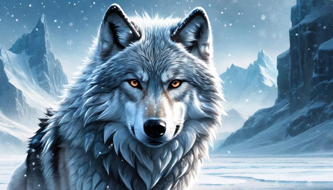  digital illustration, A lone wolf in a frozen landscape, eyes reflecting a deep, unyielding coldness. Fur matted, posture defensive, snowflakes clinging to fur, embodying cold detachment, solitude, looking at viewer, dynamic pose, (intricate details, masterpiece, best quality)