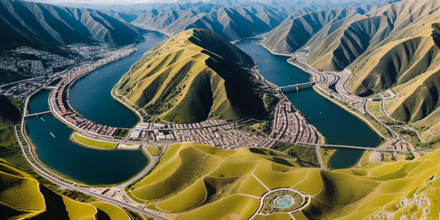  birds eye view of heaven made with gold streets, incredibly bright light coming from its center, on a very bright day, down in a valley between two lush mountains