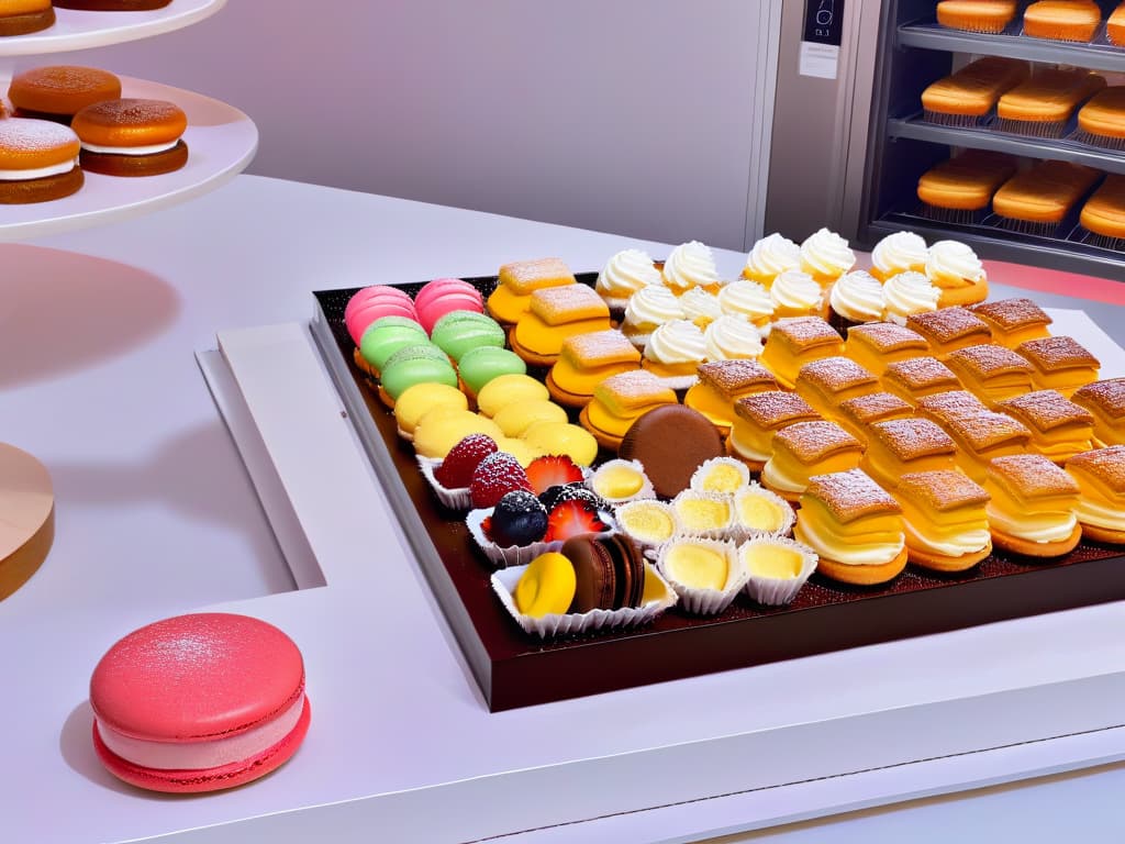  A highresolution, ultradetailed image of a sleek, modern kitchen countertop with a scattering of vibrant, freshly baked pastries and desserts like macarons, cupcakes, and tarts. The pastries are impeccably decorated with intricate designs using augmented reality technology, showcasing advanced pastry techniques. The background is softfocused to emphasize the meticulous detailing on the treats, creating a visually striking and aspirational scene for the readers. hyperrealistic, full body, detailed clothing, highly detailed, cinematic lighting, stunningly beautiful, intricate, sharp focus, f/1. 8, 85mm, (centered image composition), (professionally color graded), ((bright soft diffused light)), volumetric fog, trending on instagram, trending on tumblr, HDR 4K, 8K