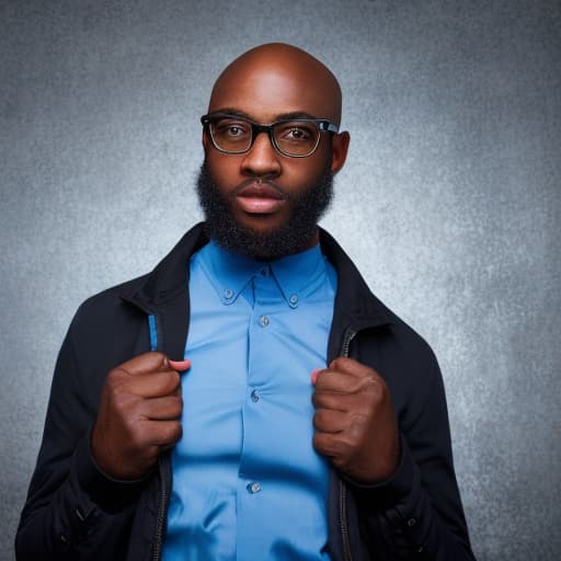 portrait+ style a Black man with bald hair looking to left and wearing a blue jacket and wearing a blue dark pants and with hand on face and sitting on Chair on the restaurant