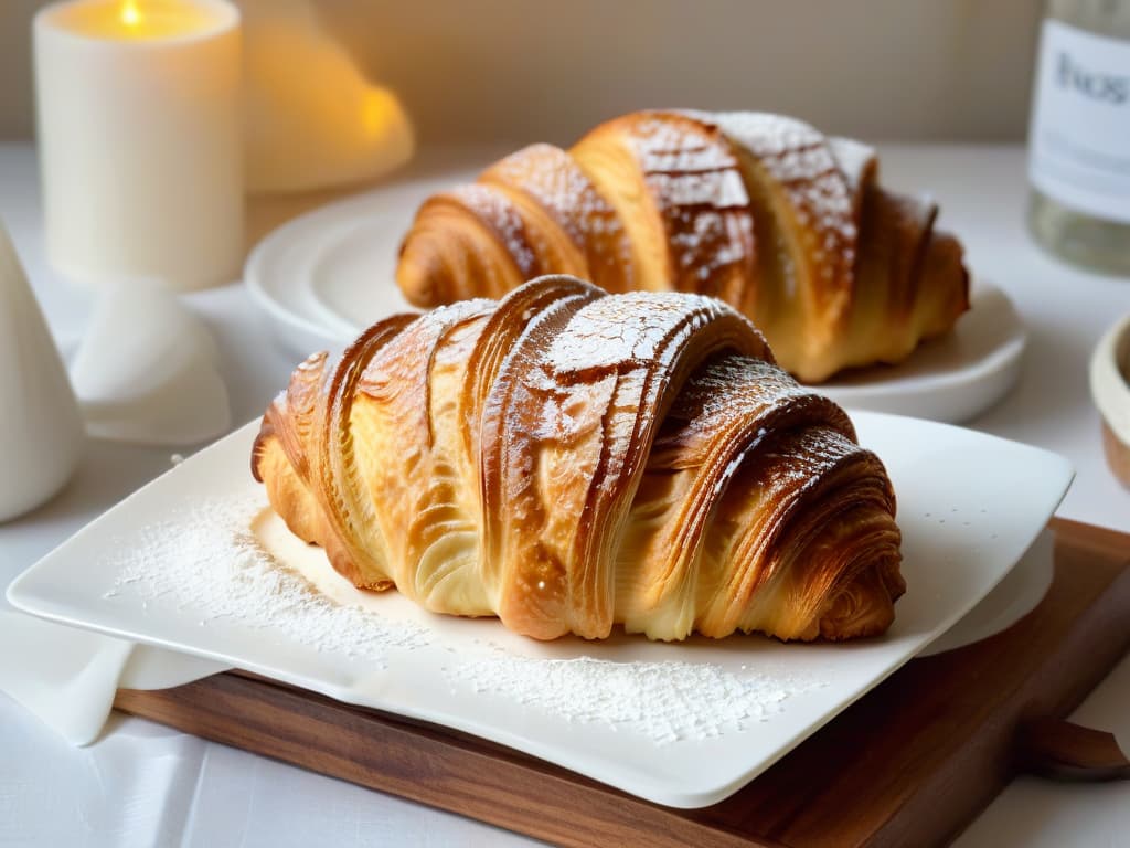  A closeup view of a perfectly goldenbrown and flaky croissant, freshly baked and sprinkled with a light dusting of powdered sugar, resting on a delicate white porcelain plate. The croissant is set against a softfocus background of a rustic wooden table with gentle natural light streaming in, casting a warm and inviting glow on the buttery layers of the pastry. Each delicate fold and swirl of the croissant is beautifully highlighted, showcasing the expert craftsmanship and care that went into creating this delectable treat. hyperrealistic, full body, detailed clothing, highly detailed, cinematic lighting, stunningly beautiful, intricate, sharp focus, f/1. 8, 85mm, (centered image composition), (professionally color graded), ((bright soft diffused light)), volumetric fog, trending on instagram, trending on tumblr, HDR 4K, 8K