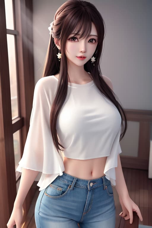  masterpiece, best quality, highres, aarin, long hair, earrings, <lora:shibuya rin v1:0.7>, t shirt, white shirt, clothes writing, midriff, jeans, hands in pockets hyperrealistic, full body, detailed clothing, highly detailed, cinematic lighting, stunningly beautiful, intricate, sharp focus, f/1. 8, 85mm, (centered image composition), (professionally color graded), ((bright soft diffused light)), volumetric fog, trending on instagram, trending on tumblr, HDR 4K, 8K