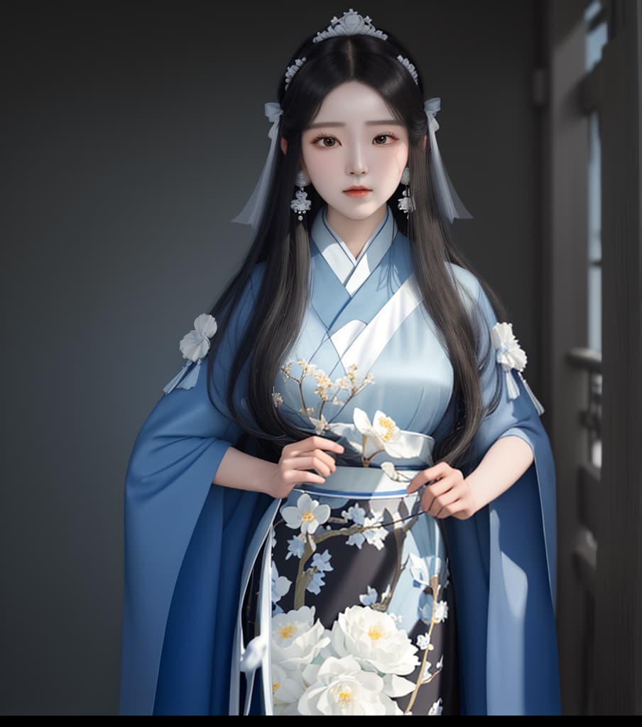  masterpiece, best quality, (Fidelity: 1.4), Best Quality, Masterpiece, Ultra High Resolution, Poster, Fantasy Art, Very Detailed Faces, 8k resolution, Chinese Style, An woman, Side Face, Quiet, Light Blue Hanfu, Tulle Coat, Long Black Hair, Light Blue Fringed Hair Ornament, Hairpin, White Ribbon, White Flower Bush, Light Blue Butterfly Flying, cinematic lighting effects