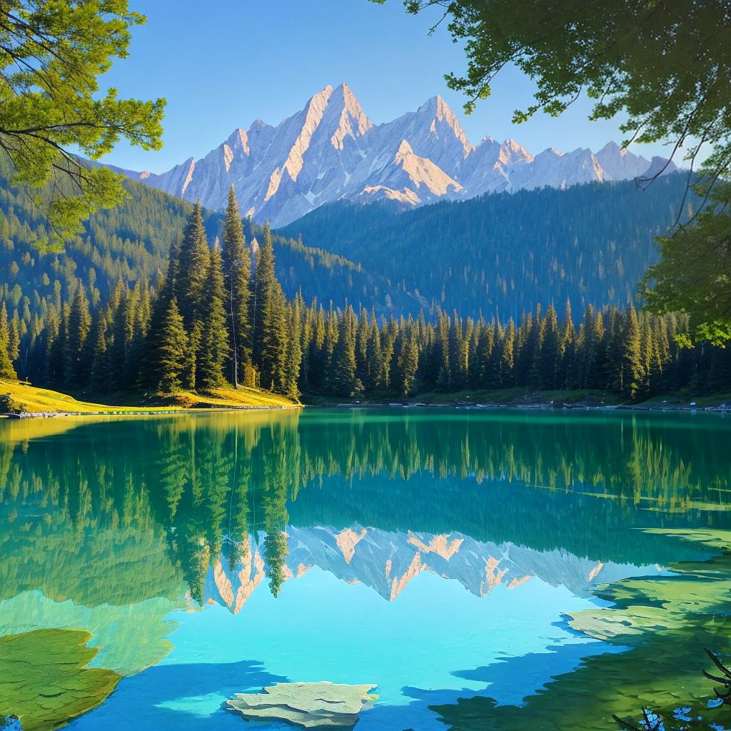  as a painting, Convey the serene majesty of towering mountains reflected in the crystal-clear waters of a tranquil alpine lake, using your unique artistic vision to evoke a sense of awe and tranquility.