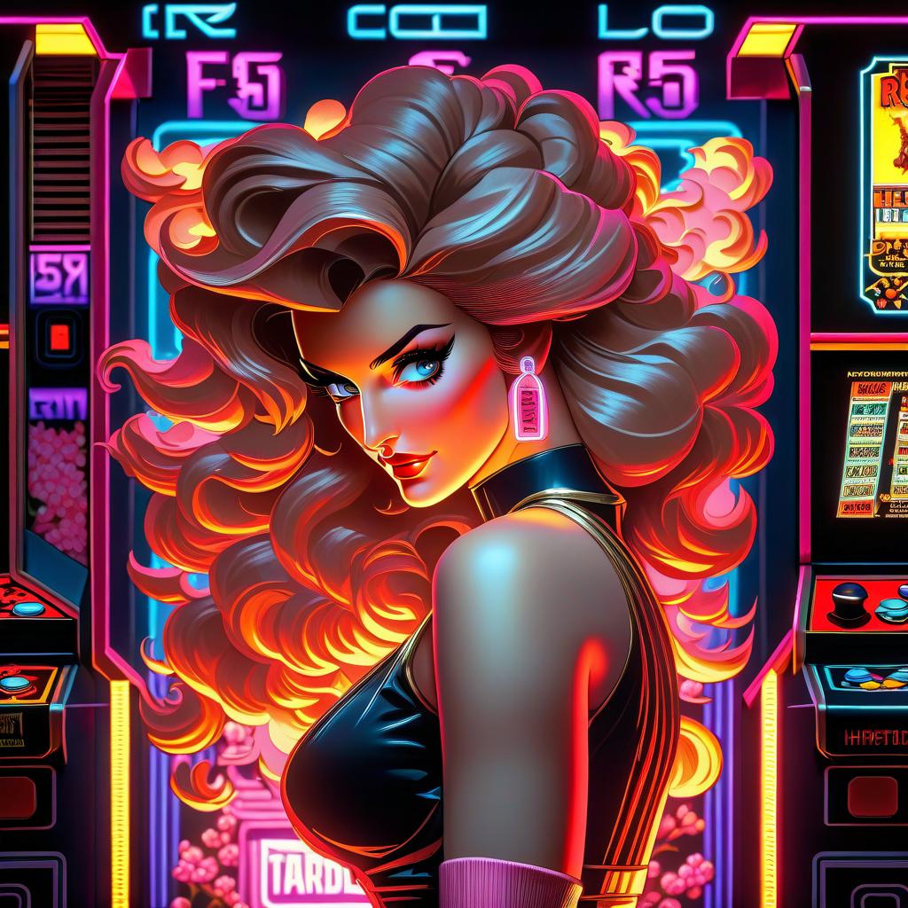  retro arcade style large of a woman [Автор: Migge Dewey] . 8 bit, pixelated, vint, clic video game, old gaming, reminiscent of 80s and 90s arcade games hyperrealistic, full body, detailed clothing, highly detailed, cinematic lighting, stunningly beautiful, intricate, sharp focus, f/1. 8, 85mm, (centered image composition), (professionally color graded), ((bright soft diffused light)), volumetric fog, trending on instagram, trending on tumblr, HDR 4K, 8K