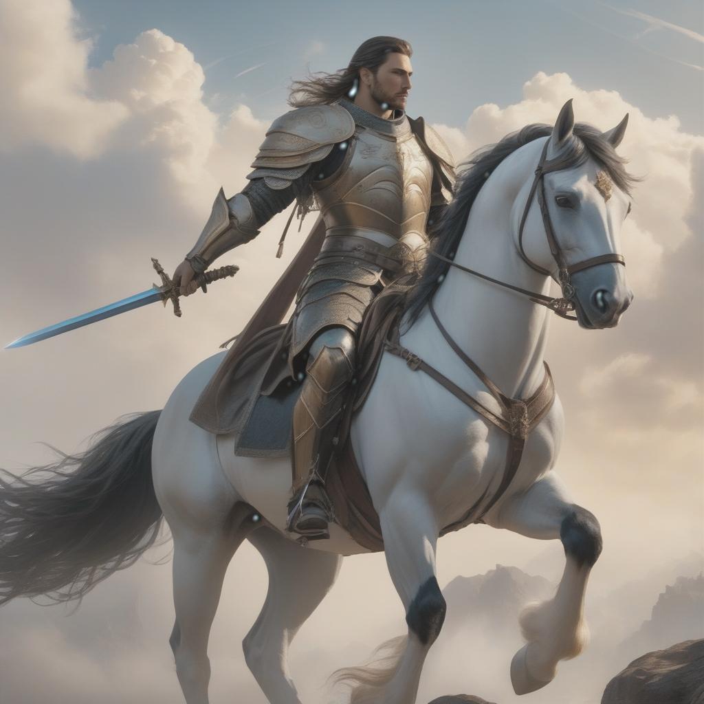  ethereal fantasy concept art of A tall warrior, clad in heavy armor, has an alo black cross on his right shoulder. He sits astride an almond colored horse. In his right hand, he holds a sword, and in his left hand, reins. . magnificent, celestial, ethereal, painterly, epic, majestic, magical, fantasy art, cover art, dreamy hyperrealistic, full body, detailed clothing, highly detailed, cinematic lighting, stunningly beautiful, intricate, sharp focus, f/1. 8, 85mm, (centered image composition), (professionally color graded), ((bright soft diffused light)), volumetric fog, trending on instagram, trending on tumblr, HDR 4K, 8K