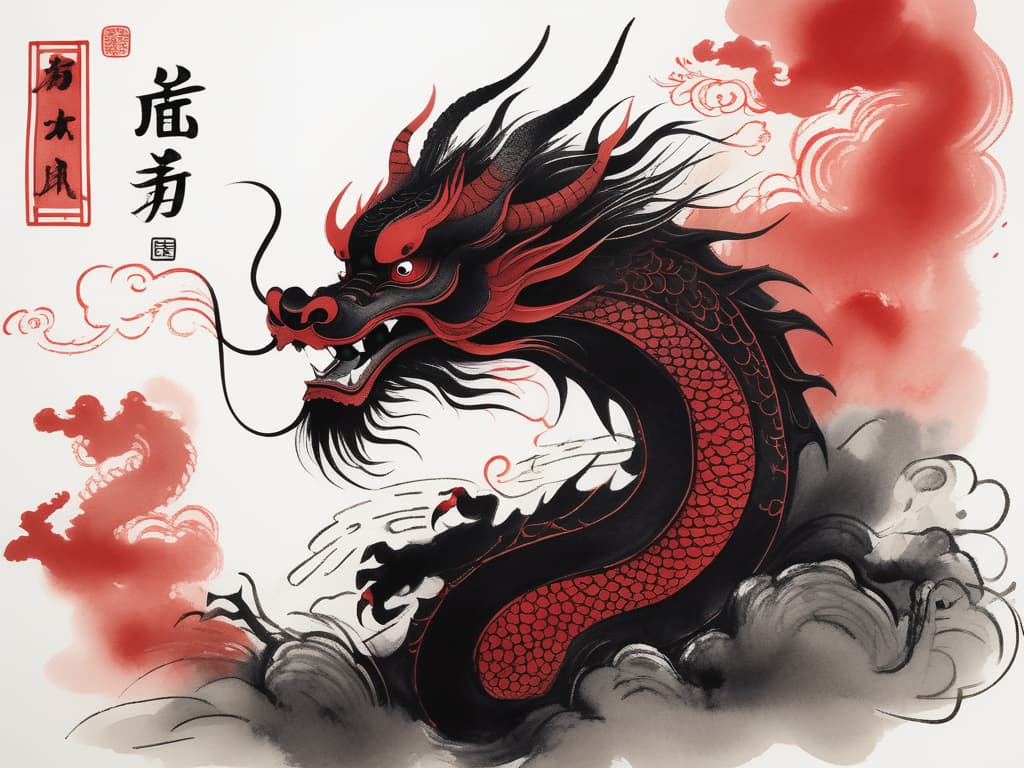  Shuǐmò huà, 水墨画, black and red ink, a dragon in chinese style, ink art by mschiffer, whimsical, rough sketch.