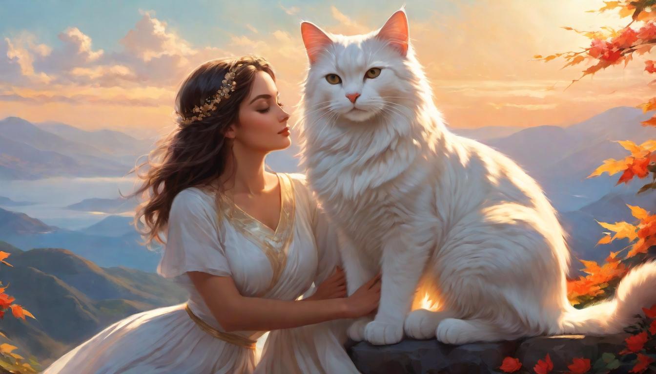  digital painting of Two figures, a human and a cat, sitting side by side, gazing into the horizon, ethereal light casting a warm glow, symbols of divine love and mutual respect, serene companionship, emblematic of a deep bond, peaceful coexistence, heartfelt connection looking at viewer, dynamic pose, (intricate details, masterpiece, best quality)