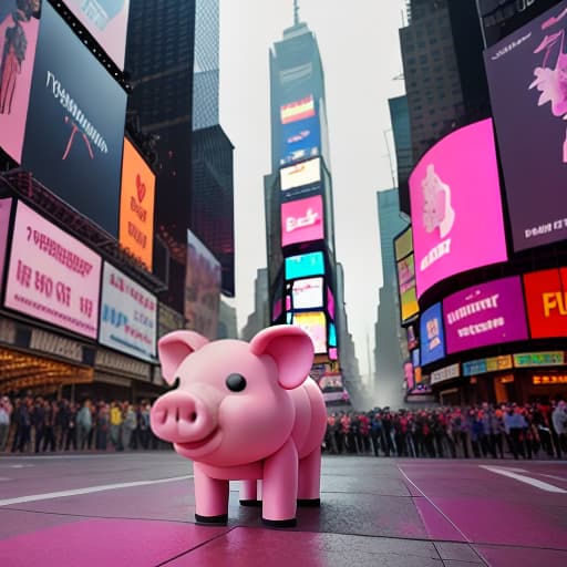  A massive pink pig charges through Times Square in New York City, carrying a medieval knight holding a flag with the inscription "Derya BSG"; the scene is bustling with bright neon lights, towering billboards, and a crowd of amazed onlookers capturing the surreal sight on their phones. hyperrealistic, full body, detailed clothing, highly detailed, cinematic lighting, stunningly beautiful, intricate, sharp focus, f/1. 8, 85mm, (centered image composition), (professionally color graded), ((bright soft diffused light)), volumetric fog, trending on instagram, trending on tumblr, HDR 4K, 8K