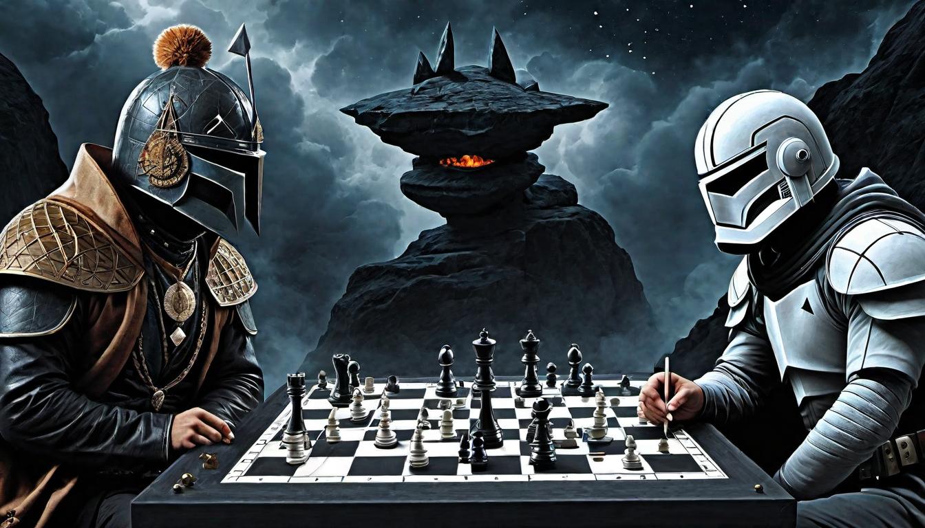  （surrealism)Each move precise and calculated, chessboard of the cosmos, pieces in strategic positions, demonstrations of strategic genius, sharp and deliberate actions mystic, intricate details, best quality)