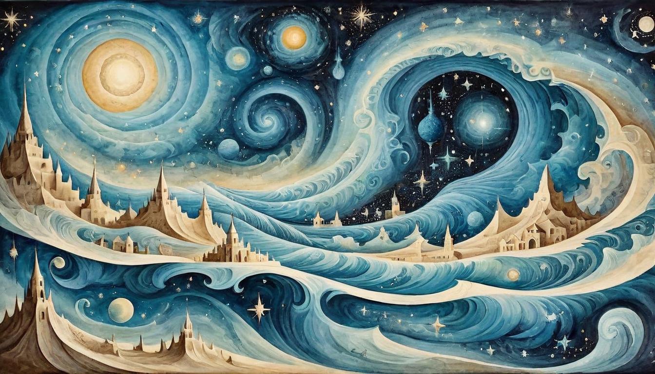  on parchment, surrealism+++, Rippling cosmic waves, sent from a single point, stars and galaxies affected, interconnectedness, ethereal, boundless(mysterious, provocative, symbolic,muted color)+++