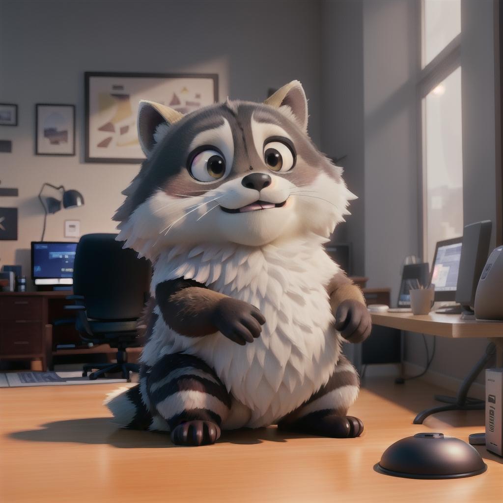  raccoon sitting in gaming chair front a computer on desktop, ((semi anthropomorphic)),(full body), tail, belly, sitting, fat, (chubby), (((white background))), solo, desktop, gaming chair, side view,  [[[clothes]]] hyperrealistic, full body, detailed clothing, highly detailed, cinematic lighting, stunningly beautiful, intricate, sharp focus, f/1. 8, 85mm, (centered image composition), (professionally color graded), ((bright soft diffused light)), volumetric fog, trending on instagram, trending on tumblr, HDR 4K, 8K