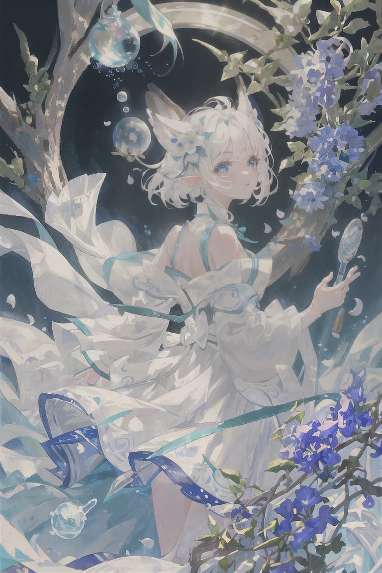  master piece , best quality,Elf ears, white hair, bobbed hair, soap bubbles, blue petals, white dress