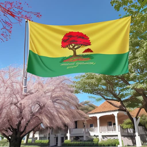  estandarte banderín emblema en tela verde con dibujo en su interior de Arbol con manzanas rojas , los bordes o ribetes en hilo de color dorado