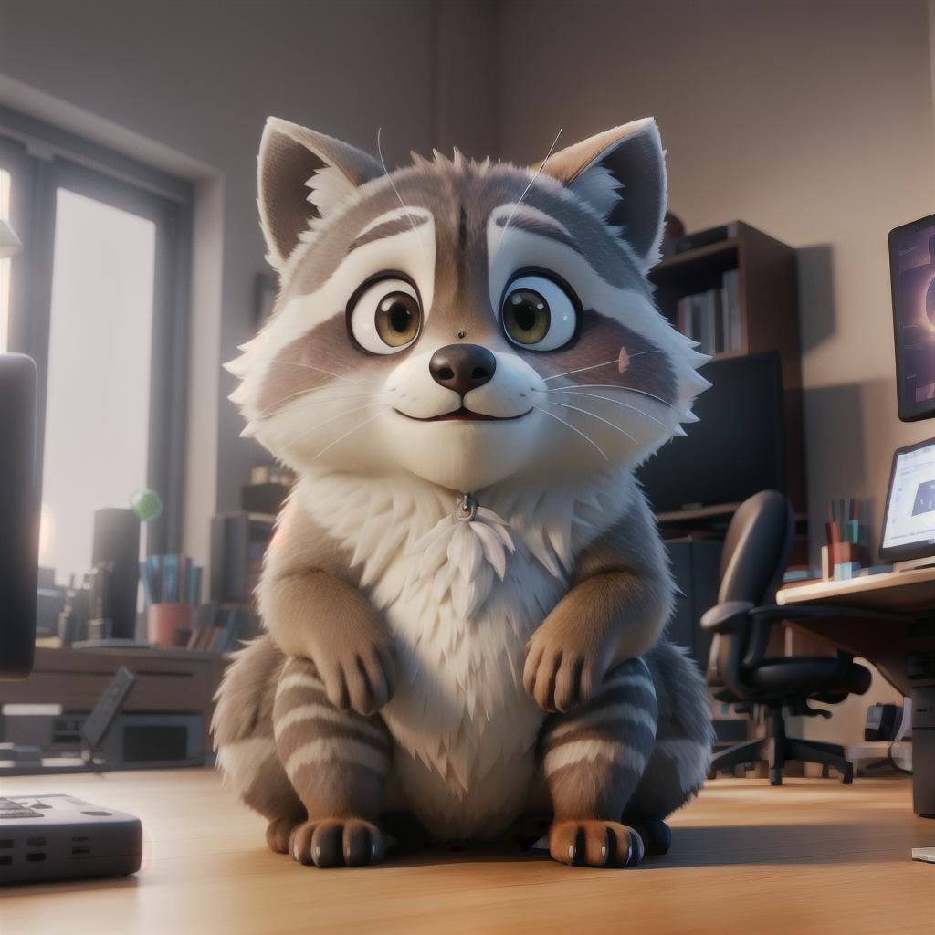  raccoon sitting in gaming chair front a computer on desktop, ((semi anthropomorphic)),(full body), tail, belly, sitting, fat, (chubby), (((white background))), solo, desktop, gaming chair, side view,  [[[clothes]]] hyperrealistic, full body, detailed clothing, highly detailed, cinematic lighting, stunningly beautiful, intricate, sharp focus, f/1. 8, 85mm, (centered image composition), (professionally color graded), ((bright soft diffused light)), volumetric fog, trending on instagram, trending on tumblr, HDR 4K, 8K