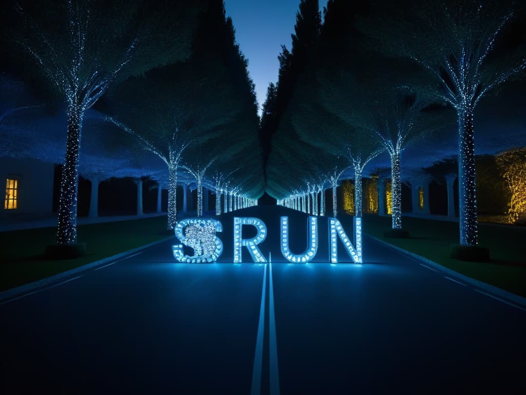  An ultrarealistic, highly detailed image of a dark and eerie Upside Down world with the iconic Christmas lights spelling out "RUN" glowing against the backdrop of the shadowy upsidedown trees. hyperrealistic, full body, detailed clothing, highly detailed, cinematic lighting, stunningly beautiful, intricate, sharp focus, f/1. 8, 85mm, (centered image composition), (professionally color graded), ((bright soft diffused light)), volumetric fog, trending on instagram, trending on tumblr, HDR 4K, 8K