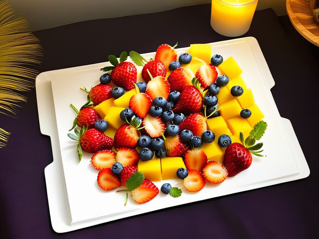  A minimalist, highresolution image of a beautifully arranged fruit platter featuring vibrant strawberries, juicy blueberries, succulent slices of mango, and perfectly ripe kiwi, all artfully arranged on a sleek white platter, showcasing a healthy and guiltfree dessert option for weight maintenance. hyperrealistic, full body, detailed clothing, highly detailed, cinematic lighting, stunningly beautiful, intricate, sharp focus, f/1. 8, 85mm, (centered image composition), (professionally color graded), ((bright soft diffused light)), volumetric fog, trending on instagram, trending on tumblr, HDR 4K, 8K