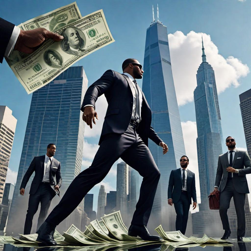  Create a cover art for a song titled 'Paper Chasing' featuring J5 and Marr. The scene should depict tall buildings made out of money with silhouette figures chasing the money, symbolizing the concept of 'chasing the bag'. hyperrealistic, full body, detailed clothing, highly detailed, cinematic lighting, stunningly beautiful, intricate, sharp focus, f/1. 8, 85mm, (centered image composition), (professionally color graded), ((bright soft diffused light)), volumetric fog, trending on instagram, trending on tumblr, HDR 4K, 8K