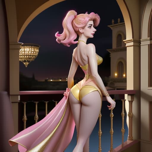  Anne Hathaway as Disney-like with amazing figures in bodytight,glittering,pink-yellow skinny short silk seen from the back showing some , deep over balcony of her palace