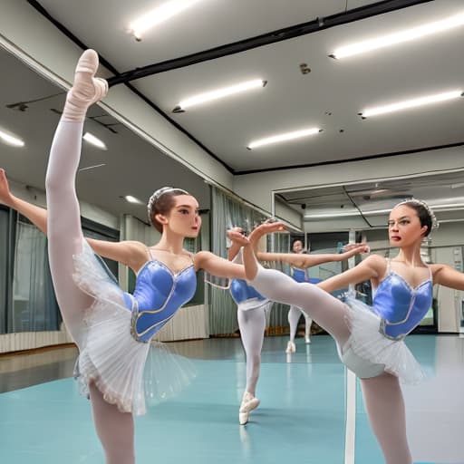  Beautiful women in ballet costumes touch their genitals in the dance studio, genitals flowing with water,