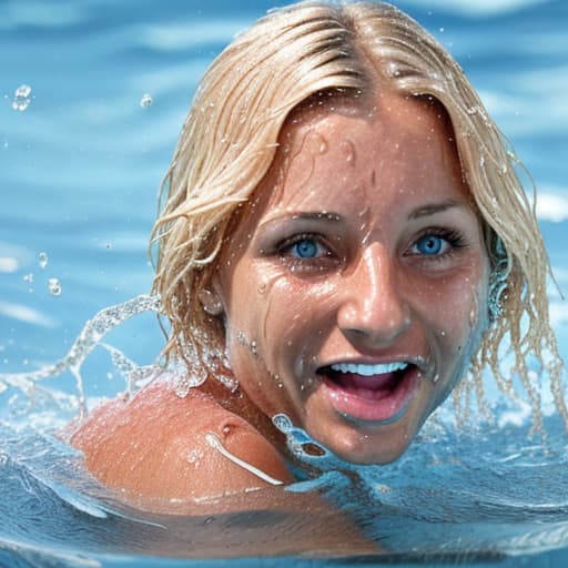  tanned blonde woman's nose is in the water she's drowning and panic a lot of water waves and splashes around