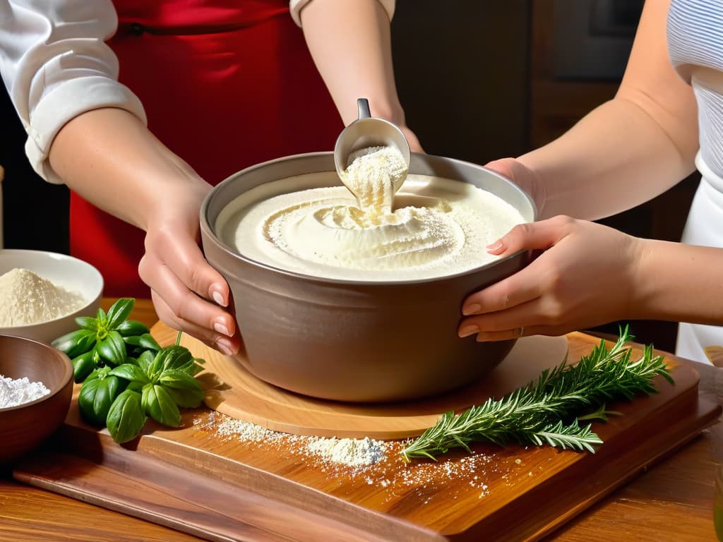  An ultradetailed photorealistic image of a diverse group of hands carefully measuring out vegan yeast and baking powder into a vintage ceramic bowl, set against a backdrop of a rustic wooden kitchen counter adorned with fresh herbs and various baking ingredients in soft natural light. Each hand shows different skin tones and nail lengths, highlighting unity in diversity and the art of vegan baking. hyperrealistic, full body, detailed clothing, highly detailed, cinematic lighting, stunningly beautiful, intricate, sharp focus, f/1. 8, 85mm, (centered image composition), (professionally color graded), ((bright soft diffused light)), volumetric fog, trending on instagram, trending on tumblr, HDR 4K, 8K