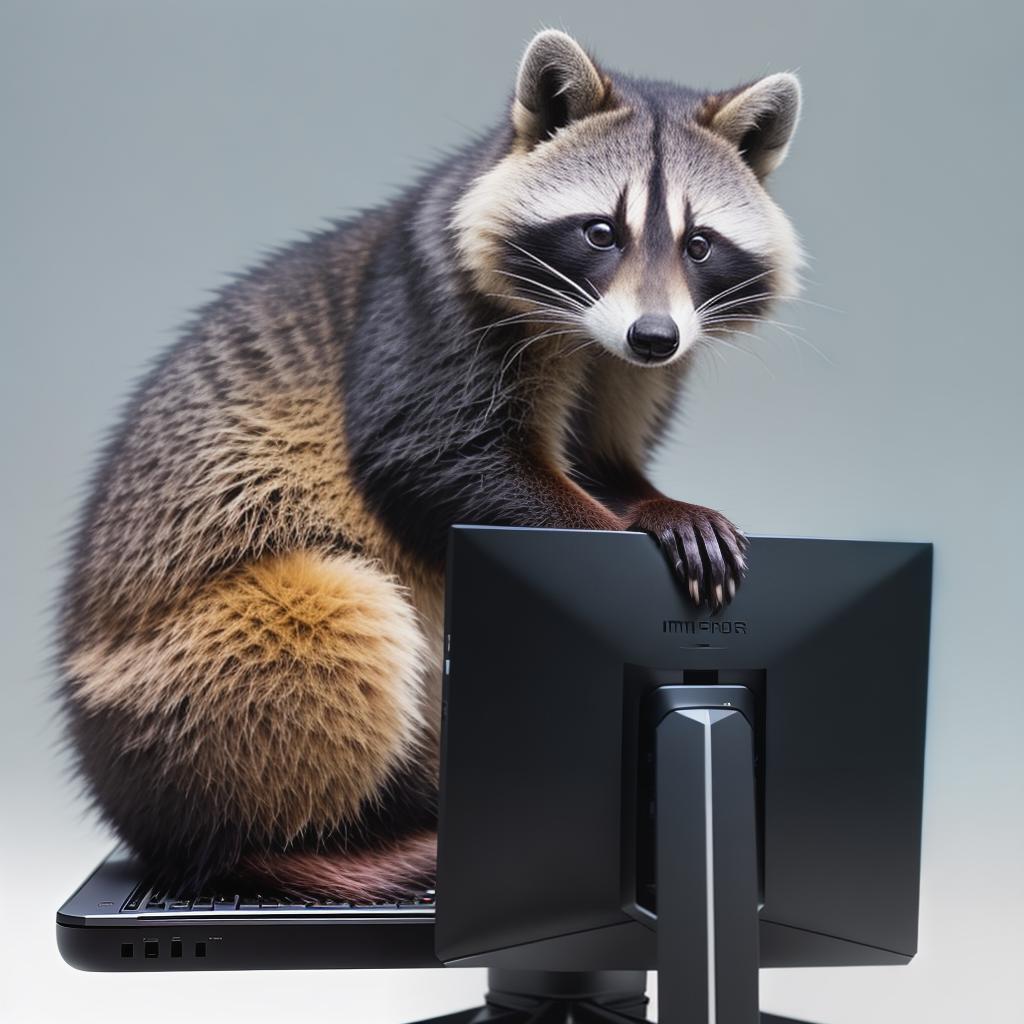  raccoon sitting in gaming chair front a computer on desktop, ((semi anthropomorphic)),(full body), tail, belly, sitting, fat, (chubby), (((white background))), solo, desktop, gaming chair, side view,  [[[clothes]]] hyperrealistic, full body, detailed clothing, highly detailed, cinematic lighting, stunningly beautiful, intricate, sharp focus, f/1. 8, 85mm, (centered image composition), (professionally color graded), ((bright soft diffused light)), volumetric fog, trending on instagram, trending on tumblr, HDR 4K, 8K