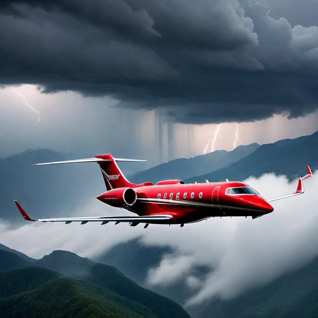  A red luxury private jet flying through thunderstorm clouds with mountains all around. The jet should have a sleek and modern design and be depicted navigating through a challenging atmosphere filled with dark thunderstorm clouds, illuminated occasionally by lightning. The red color should be vivid, contrasting sharply with the dark grays and whites of the stormy sky. The mountains in the distance should be grand and imposing, with their peaks almost touching the brooding clouds. This powerful scene should evoke a sense of adventure and luxury in the midst of nature's might. hyperrealistic, full body, detailed clothing, highly detailed, cinematic lighting, stunningly beautiful, intricate, sharp focus, f/1. 8, 85mm, (centered image composition), (professionally color graded), ((bright soft diffused light)), volumetric fog, trending on instagram, trending on tumblr, HDR 4K, 8K