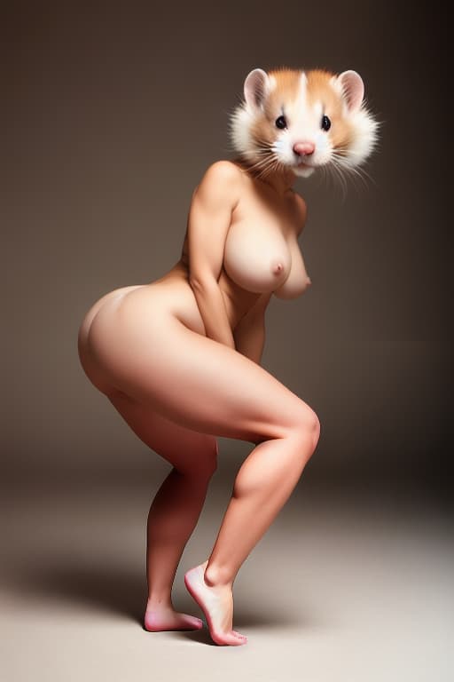 modelshoot style Solo, Anthro ferret, biologically female, on her knees,natural gigantic voluminous breasts , anatomically correct tight vagina,5'8, early 30s, nude , photorealistic ,legs spread wide , presenting her hind quarters