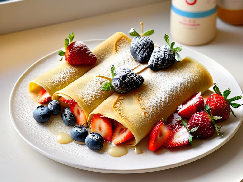  A closeup, ultradetailed image of a perfectly folded, goldenbrown crepe filled with vibrant, colorful slices of fresh fruit like strawberries, blueberries, and bananas, drizzled with a thin stream of honey, all placed on a sleek, white, minimalist plate. The crepe is garnished with a sprinkle of crushed nuts and a dusting of powdered sugar, creating a visually appealing and appetizing composition that conveys freshness, healthiness, and elegance. hyperrealistic, full body, detailed clothing, highly detailed, cinematic lighting, stunningly beautiful, intricate, sharp focus, f/1. 8, 85mm, (centered image composition), (professionally color graded), ((bright soft diffused light)), volumetric fog, trending on instagram, trending on tumblr, HDR 4K, 8K