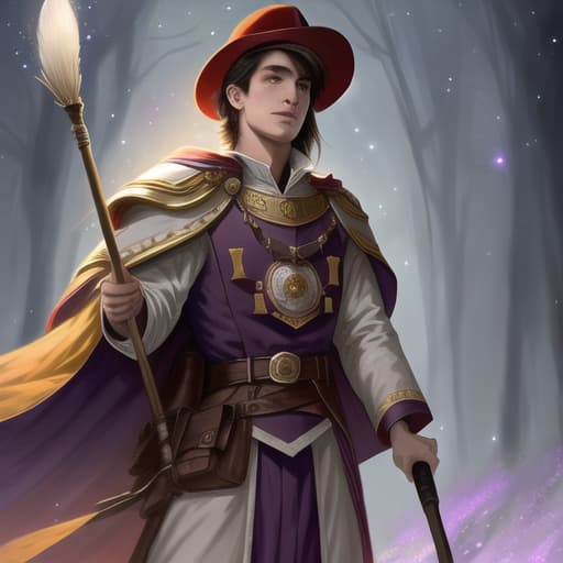  watercolor, storybook, child-book, A young Caucasian boy with brown hair wearing a purple magic hat and holding a red broom, night sky with a crescent moon and yellow stars in the background., best quality, very detailed, high resolution, sharp, sharp image hyperrealistic, full body, detailed clothing, highly detailed, cinematic lighting, stunningly beautiful, intricate, sharp focus, f/1. 8, 85mm, (centered image composition), (professionally color graded), ((bright soft diffused light)), volumetric fog, trending on instagram, trending on tumblr, HDR 4K, 8K