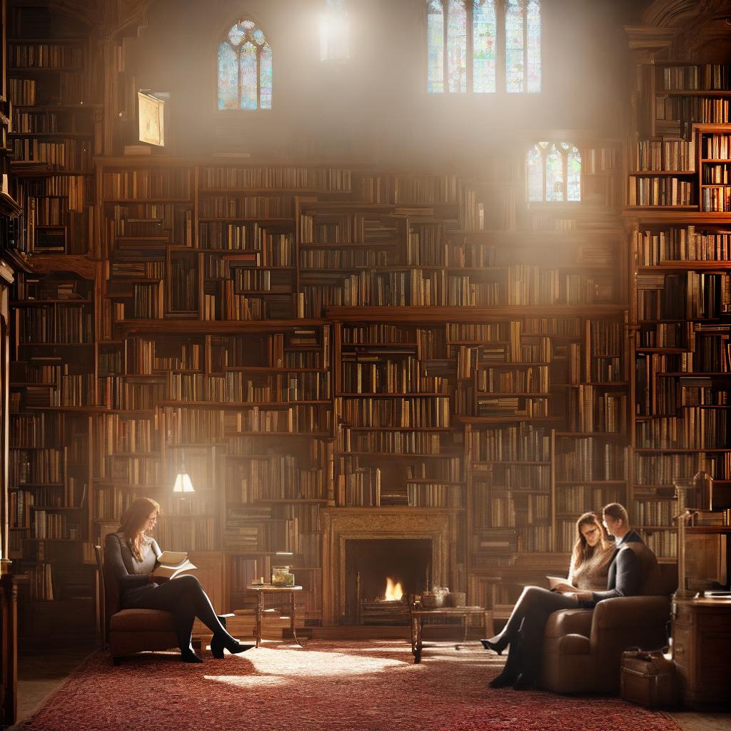  ((masterpiece)),(((best quality))), 8k, high detailed, ultra-detailed. A group of friends studying together in a cozy library. A girl ((with glasses, reading a book)) sitting at a wooden table, surrounded by ((shelves filled with books)), (a fireplace) crackling in the corner, casting a warm glow. Sunlight streaming in through the ((stained glass windows)), illuminating the ((dust particles floating in the air)). hyperrealistic, full body, detailed clothing, highly detailed, cinematic lighting, stunningly beautiful, intricate, sharp focus, f/1. 8, 85mm, (centered image composition), (professionally color graded), ((bright soft diffused light)), volumetric fog, trending on instagram, trending on tumblr, HDR 4K, 8K