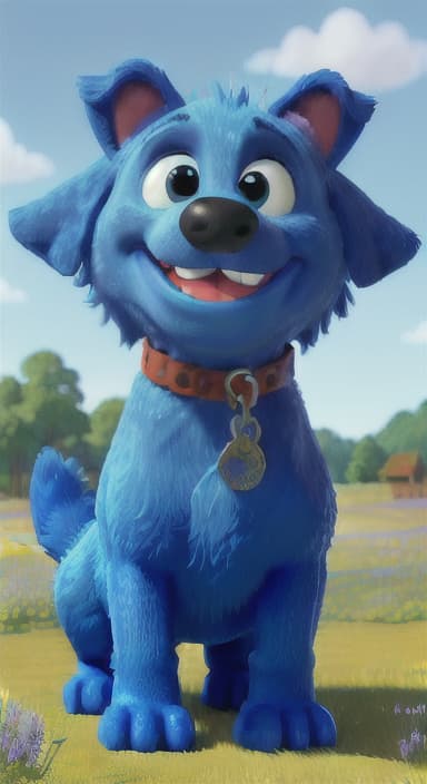  {A happy, big blue dog wagging its tail in a colorful meadow, The big blue dog is large with sky blue fur, big round eyes, a black nose, and floppy ears.