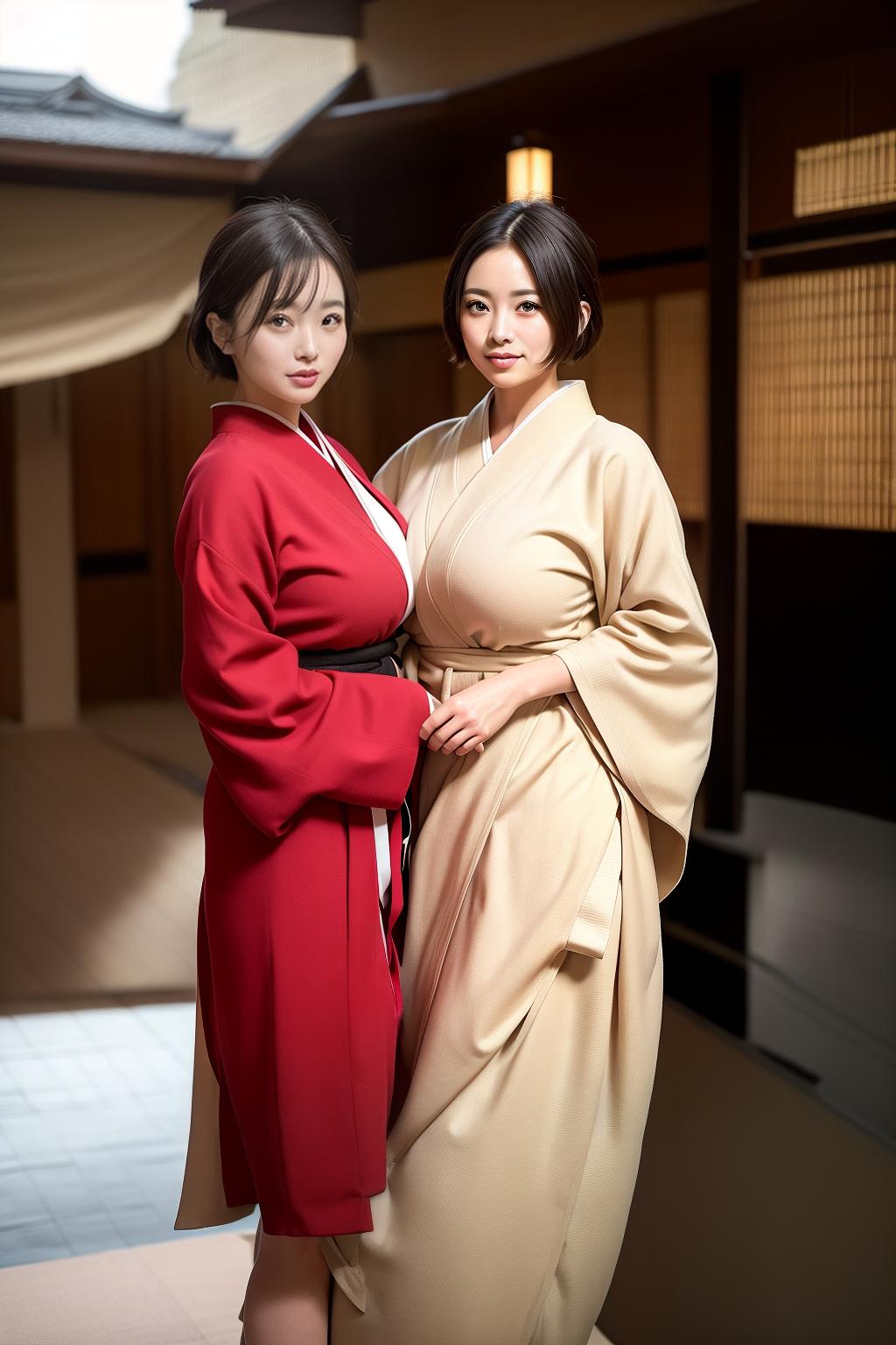  Kyoto city, kimono, two beautiful women, smiles, big eyes, plump breasts, constricted waist, big ass, beautiful legs, short hair, light brown hair, (Masterpiece, BestQuality:1.3), (ultra detailed:1.2), (hyperrealistic:1.3), (RAW photo:1.2),High detail RAW color photo, professional photograph, (Photorealistic:1.4), (realistic:1.4), ,professional lighting, (japanese), beautiful face, (realistic face)