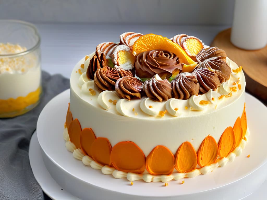  A closeup, ultradetailed image of a perfectly golden and moist sugarfree carrot cake, topped with a delicate swirl of cream cheese frosting and garnished with freshly grated orange zest and a sprinkle of cinnamon. The cake sits on a sleek, white ceramic cake stand against a soft, blurred background that emphasizes the intricate textures and colors of the dessert. Each crumb of the cake is visible, showcasing the expert baking techniques used to create this delicious, guiltfree treat. hyperrealistic, full body, detailed clothing, highly detailed, cinematic lighting, stunningly beautiful, intricate, sharp focus, f/1. 8, 85mm, (centered image composition), (professionally color graded), ((bright soft diffused light)), volumetric fog, trending on instagram, trending on tumblr, HDR 4K, 8K