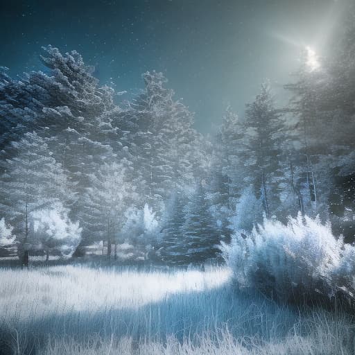 redshift style Mysterious atmosphere Snowy forest. Light gray clouds. Beautiful. Sparkling. Light sky blue. Wide field